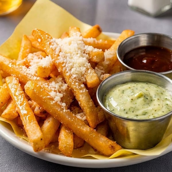 Golden french fries topped with grated cheese, served with two dipping sauces.
