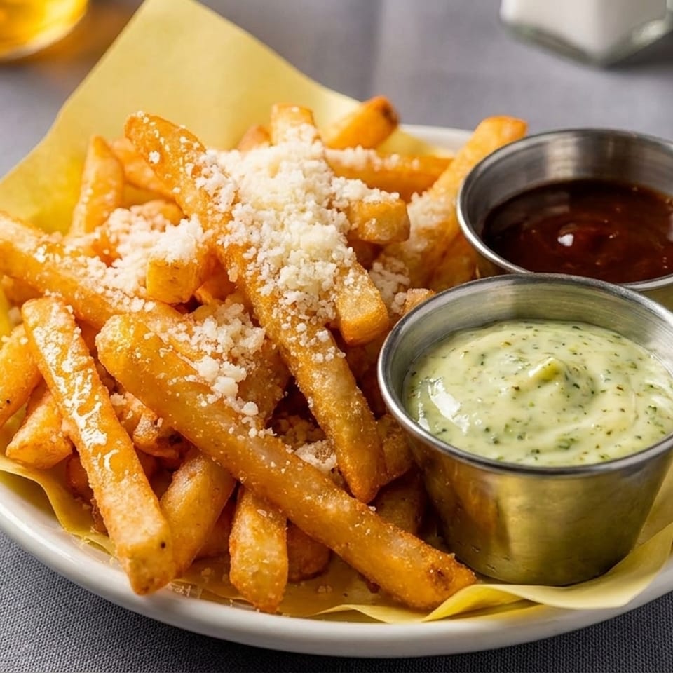 Golden french fries topped with grated cheese, served with two dipping sauces.