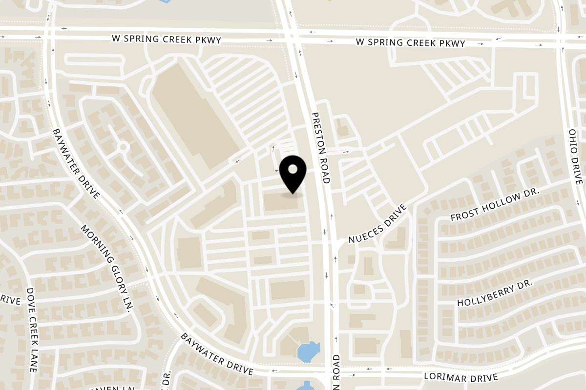 Map showing the location of Kenny's Burger Joint Plano on 5809 Preston Rd #588 in Plano